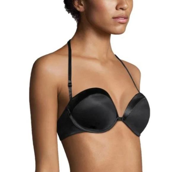 38D Maidenform Bra Strapless Option Padded Push Up Underwire Black Satin Trim - Picture 1 of 12